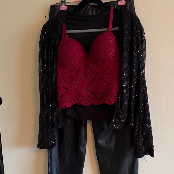 Other - Red Lace Bustier with Black Sequin Jacket and faux leather pants